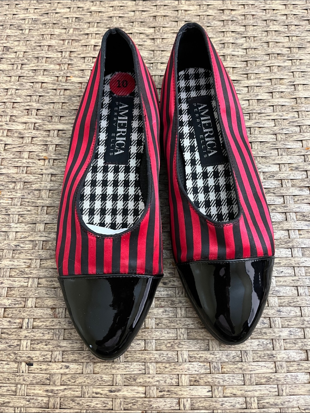 American Perry Ellis Red and Black Striped Pointed-Toe Flats with Patent Caps